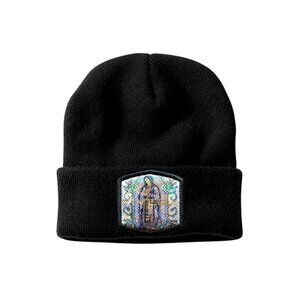 G Winter Knit Beanie, Virgen de Guadalupe Embroidered Patch, Shiny Metallic Cap